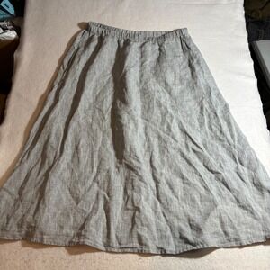 Eileen Fisher Gray Linen Midi Skirt Womens Medium Elastic Waist